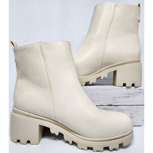 Shoedazzle Danilyn-E Cream Colored Faux Leather Lug Sole Bootie 5" Shaft, Zip Up
